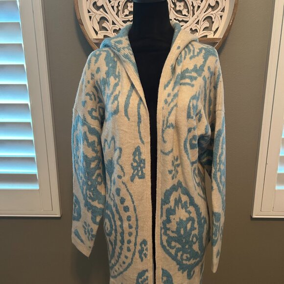 NWT Stitchdrop Cardigan Hoodie Long Open Front Sweater Cream/Blue Pattern SZM - Picture 2 of 10